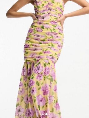 ASOS Yellow Strapless Floral Ruched Maxi Dress